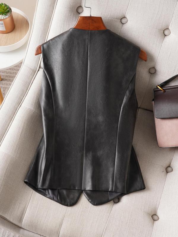 Women's Solid Button Front Fake Pocket Design PU Leather Vest, Elegant Fashion Casual Comfy Sleeveless V Neck Vest for Daily Outdoor Wear, Women Clothing for all Seasons